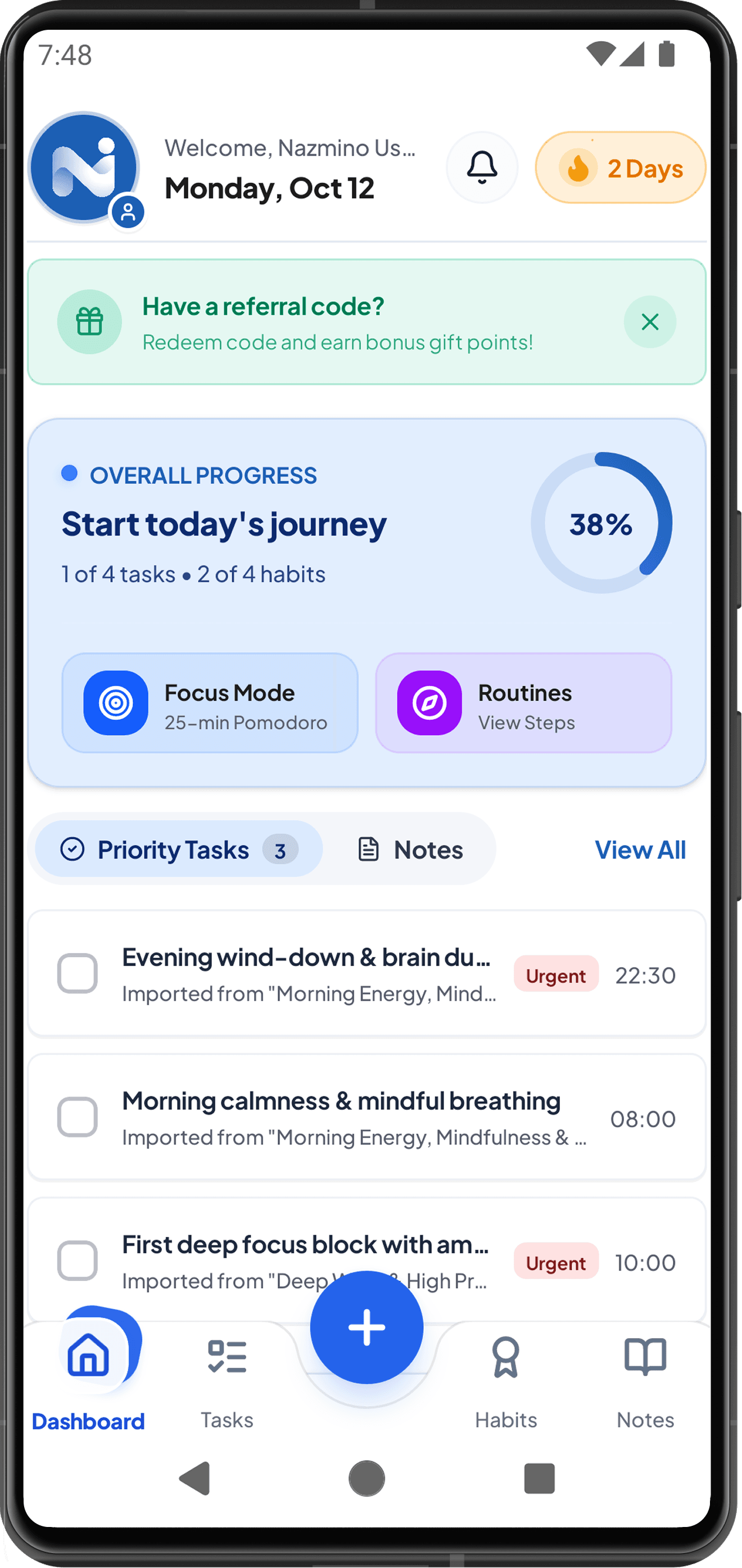 Nazmino daily planner dashboard